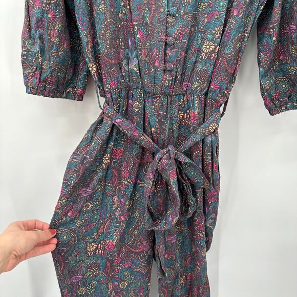 EVEREVE NWT Ember V Neck Multicolor Print Cotton Blend Tie Waist Jumpsuit  // M - Picture 13 of 16